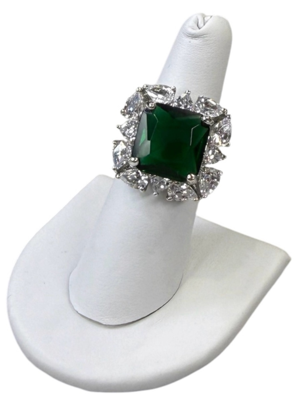Emerald Green Square Clear Accents Cocktail Ring Created w/ Swarovski Crystal